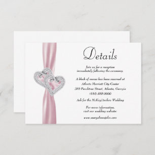 Diamond Hearts Pink Ribbon Wedding Details Informatiekaartje