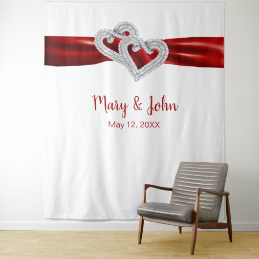 Diamond Hearts Red Ribbon Weddenschap Backdrop Wandkleed (In situ)
