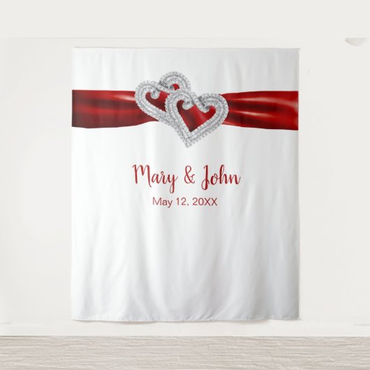 Diamond Hearts Red Ribbon Weddenschap Backdrop Wandkleed (Voorkant)