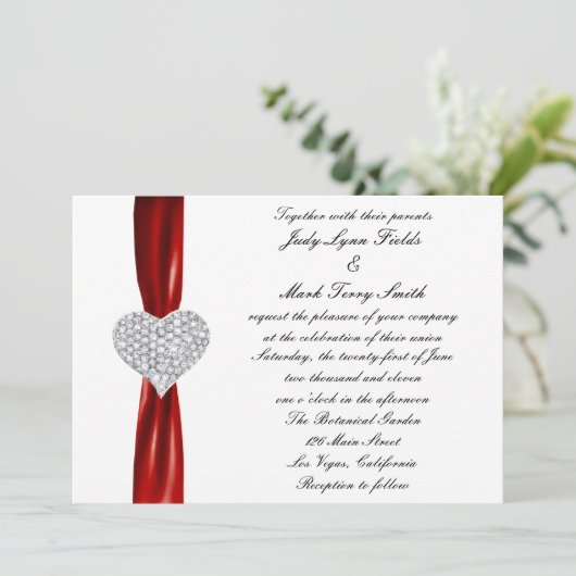 Diamond Hearts Rode bruiloft uitnodiging (Staand voorkant)