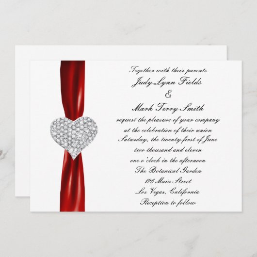 Diamond Hearts Rode bruiloft uitnodiging (Voorkant / Achterkant)