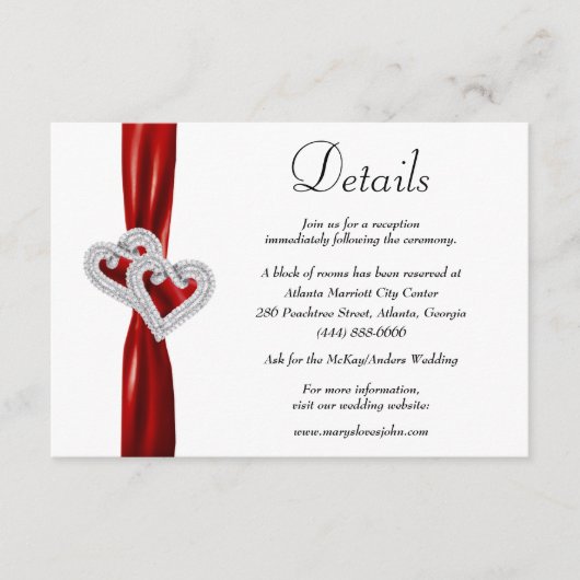 Diamond Hearts Rood Lint Bruiloft Details Informatiekaartje (Voorkant)