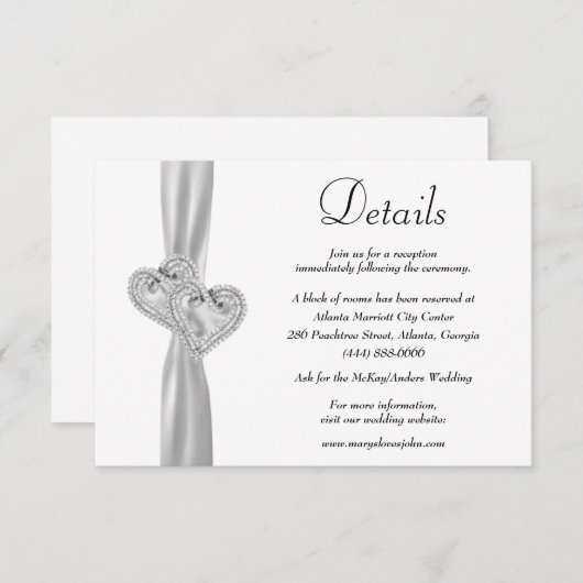 Diamond Hearts Wit Lint Bruiloft Details Informatiekaartje (Voorkant / Achterkant)