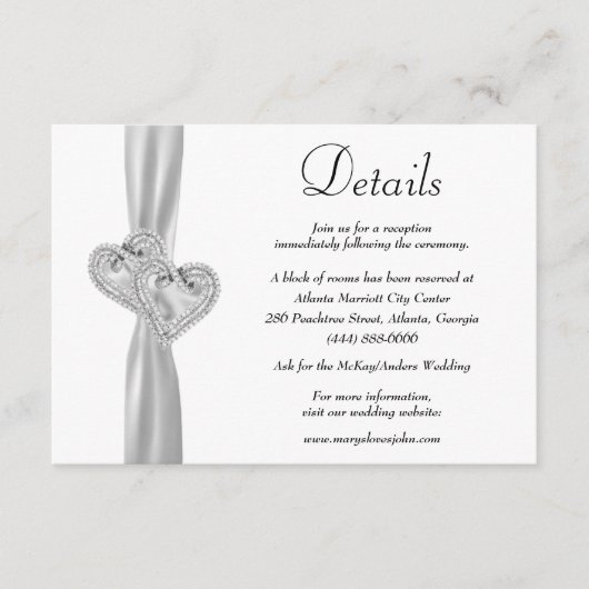 Diamond Hearts Wit Lint Bruiloft Details Informatiekaartje (Voorkant)