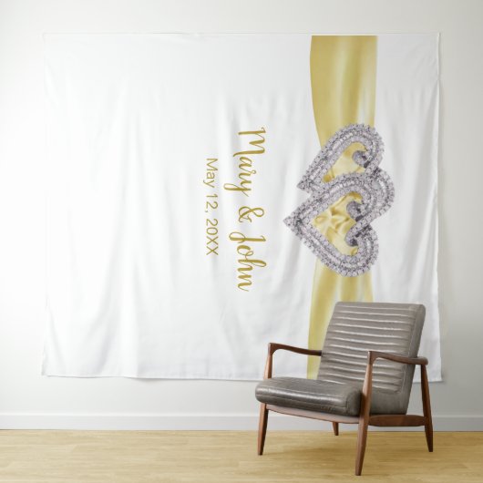 Diamond Hearts Yellow Ribbon Wedding Backdrop Wandkleed (In Situ (horizontaal))