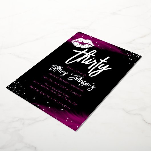 Diamond Heet Roze Zilveren Kus 30e Verjaardag Folie Uitnodiging (Gedraaid)