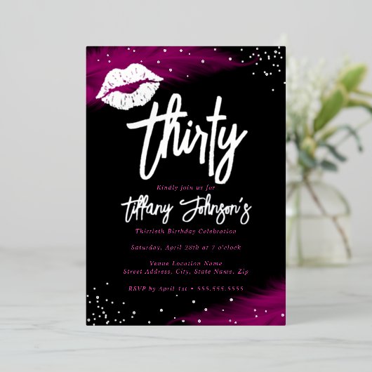 Diamond Heet Roze Zilveren Kus 30e Verjaardag Folie Uitnodiging (Staand Voorkant)