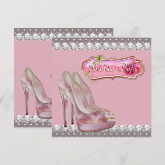 Diamond High Heel Schoen Roze & Bruin Verjaardagsf Kaart (Voorkant / Achterkant)