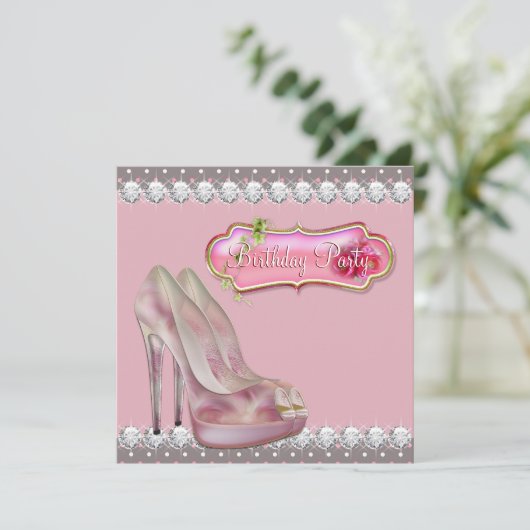 Diamond High Heel Schoen Roze & Bruin Verjaardagsf Kaart (Staand voorkant)