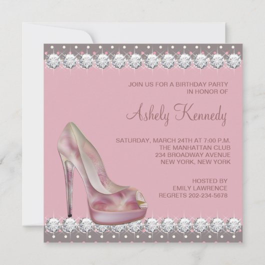 Diamond High Heel Schoen Roze & Bruin Verjaardagsf Kaart (Achterkant)
