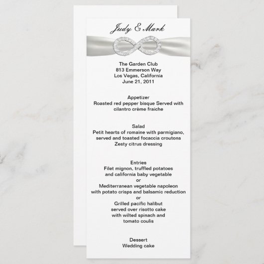 Diamond Infinity Wit Bruiloft Menu Kaart (Voorkant / Achterkant)