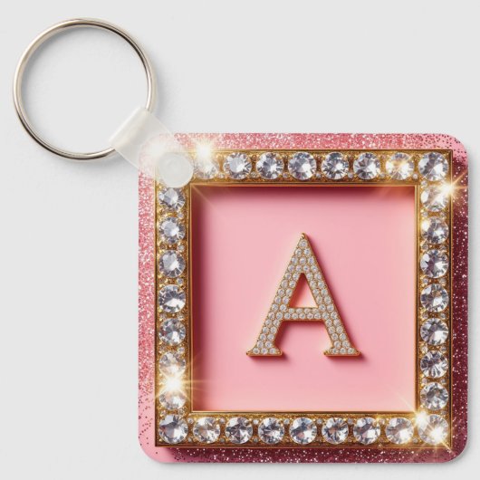Diamond Initiaal A Gouden Frame Roze Glitter Monog Sleutelhanger (Voorkant)
