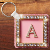 Diamond Initiaal A Gouden Frame Roze Glitter Monog Sleutelhanger (Voorkant)