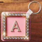 Diamond Initiaal A Gouden Frame Roze Glitter Monog Sleutelhanger (Achterkant)