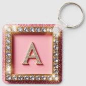 Diamond Initiaal A Gouden Frame Roze Glitter Monog Sleutelhanger (Achterkant)
