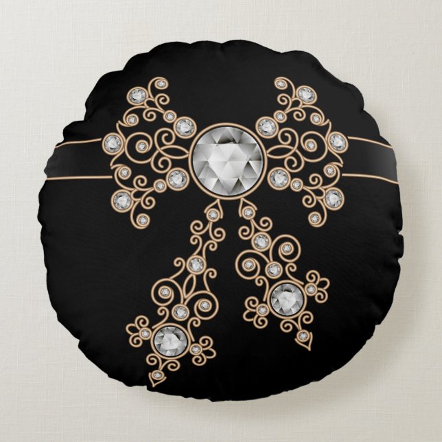 Diamond, juwelen, kant, zilver, kant, zwart, parel rond kussen (Voorkant)