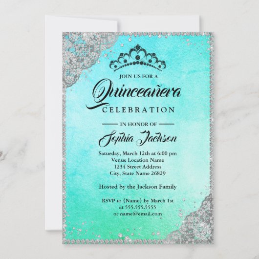 Diamond Kant Sparkle Blauw Blauwgroen Quinceanera Kaart (Voorkant)