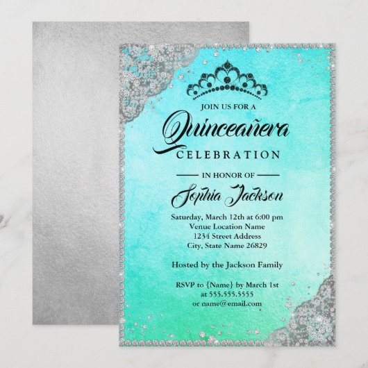 Diamond Kant Sparkle Blauw Blauwgroen Quinceanera Kaart (Voorkant / Achterkant)