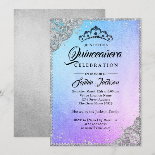 Diamond Kant Sparkle Blauw Paarse Quinceanera Kaart (Voorkant / Achterkant)