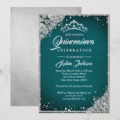 Diamond Kant Sparkle Blauwgroen Zilver Quinceanera Kaart (Voorkant / Achterkant)