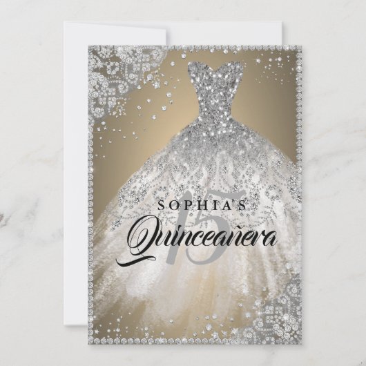 Diamond Kant Sparkle Gown Goud Zilver Quinceanera Kaart (Voorkant)