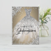 Diamond Kant Sparkle Gown Goud Zilver Quinceanera Kaart (Staand voorkant)