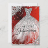 Diamond Kant Sparkle Gown Rood Zilver Quinceanera Kaart (Voorkant)