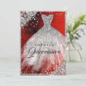Diamond Kant Sparkle Gown Rood Zilver Quinceanera Kaart (Staand voorkant)