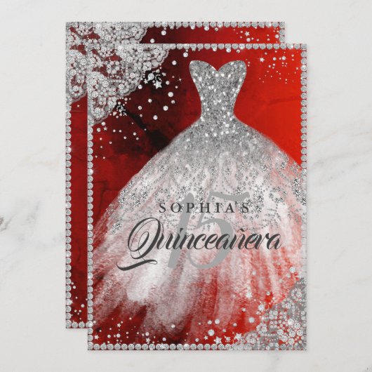 Diamond Kant Sparkle Gown Rood Zilver Quinceanera Kaart (Voorkant / Achterkant)