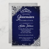 Diamond Kant Sparkle Navy Zilver Quinceanera Kaart (Voorkant / Achterkant)