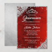 Diamond Kant Sparkle Rood Zilver Quinceanera Kaart (Voorkant / Achterkant)