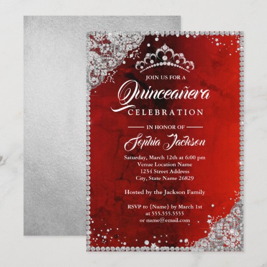 Diamond Kant Sparkle Rood Zilver Quinceanera Kaart (Voorkant / Achterkant)