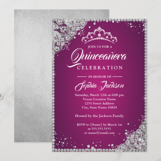 Diamond Kant Sparkle Roze Zilver Quinceanera Kaart (Voorkant / Achterkant)