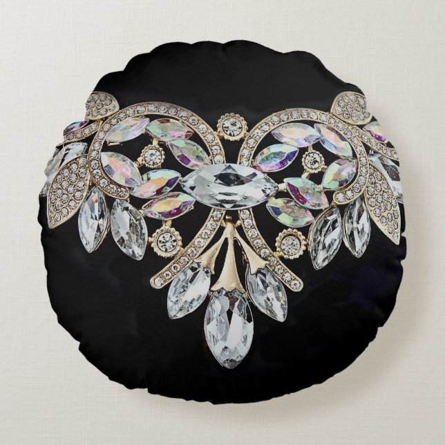 Diamond ketting zwart zilver strass rond kussen (Voorkant)