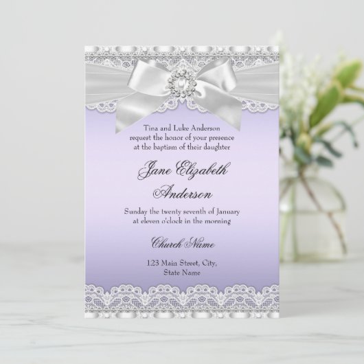 Diamond Lace & Bow Paars Baptism Invite Kaart (Staand voorkant)