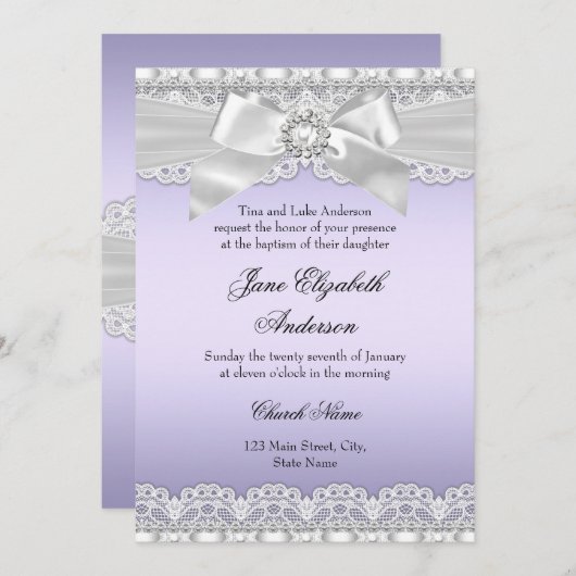 Diamond Lace & Bow Paars Baptism Invite Kaart (Voorkant / Achterkant)