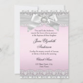 Diamond Lace Bow Pink Baptism Invite Kaart (Voorkant)