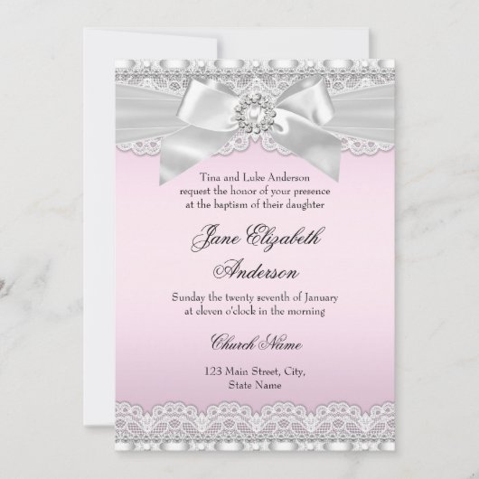 Diamond Lace Bow Pink Baptism Invite Kaart (Voorkant)