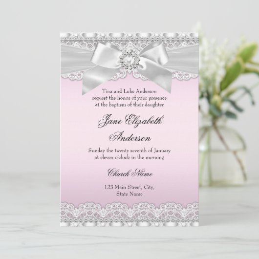 Diamond Lace Bow Pink Baptism Invite Kaart (Staand voorkant)