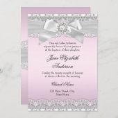 Diamond Lace Bow Pink Baptism Invite Kaart (Voorkant / Achterkant)