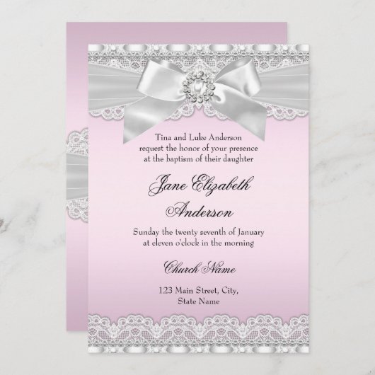 Diamond Lace Bow Pink Baptism Invite Kaart (Voorkant / Achterkant)