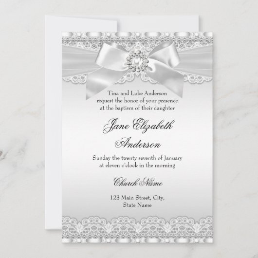 Diamond Lace & Bow Silver Baptism Invite Kaart (Voorkant)