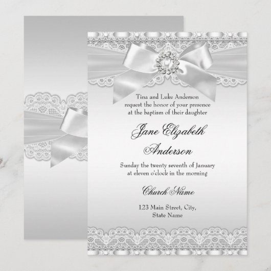 Diamond Lace & Bow Silver Baptism Invite Kaart (Voorkant / Achterkant)