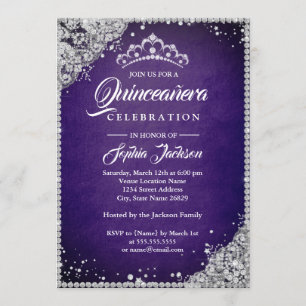 Diamond Lace Glans Paars Zilver Quinceanera Kaart