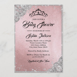 Diamond Lace Glans Roze Zilver Meisje Baby Shower Kaart