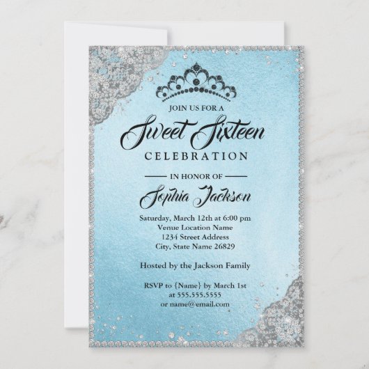 Diamond Lace Sparkle Blue Sweet Sixteen Kaart (Voorkant)
