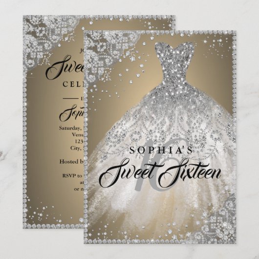 Diamond Lace Sparkle Gown Gold Silver Sweet 16 Kaart