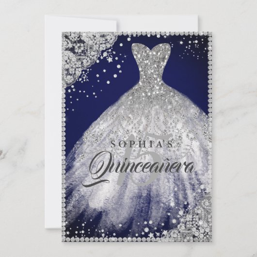 Diamond Lace Sparkle Gown Navy Quinceanera Kaart (Voorkant)