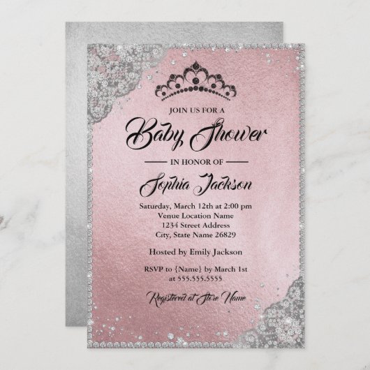Diamond Lace Sparkle Pink Silver Girl Baby shower Kaart (Voorkant / Achterkant)