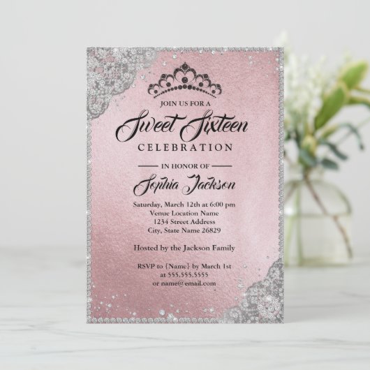 Diamond Lace Sparkle Pink Silver Sweet Sixteen Kaart (Staand voorkant)